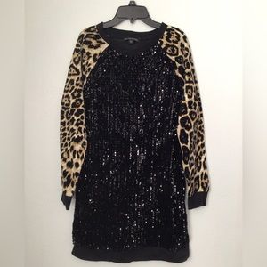 Boston Proper Woman’s Black Sequin and Velvet Animal Print Midi Dress. Size S